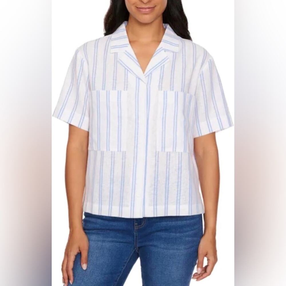 NWT Buffalo David Bitton Women's Linen Blend Utility Top, Blue/White XL